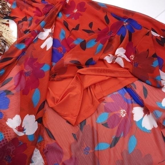 CHAPS Reddish Orange Blue Floral Dress Size 4 - Picture 12 of 15